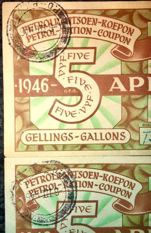 PETROL RATION COUPON 2 X 5 GALLONS CLOSE IN SEQUENCE 1946