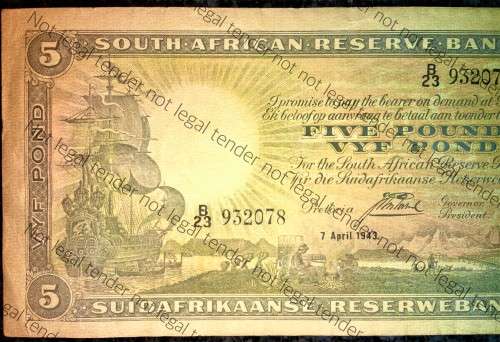 J POSTMUS 5 POUND 1943 APRIL 7TH --B23-- E/A ONLY ISSUE