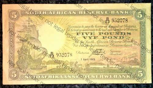 J POSTMUS 5 POUND 1943 APRIL 7TH --B23-- E/A ONLY ISSUE