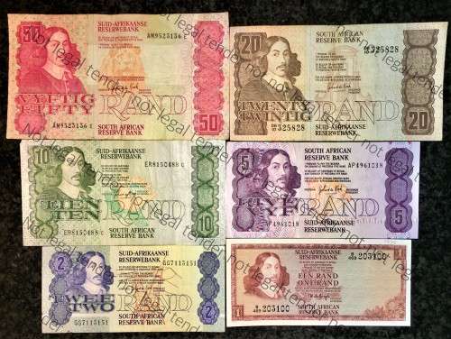 COMPLETE SET OF GPC DE KOCK & DECIMALS  R50 TO R2,,,1980s (R1 TW DE JONG 1975)- (1 BID TAKES ALL)