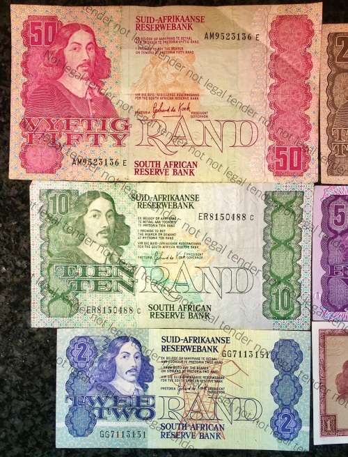 COMPLETE SET OF GPC DE KOCK & DECIMALS  R50 TO R2,,,1980s (R1 TW DE JONG 1975)- (1 BID TAKES ALL)