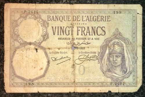 ALGERIA 20 FRANCS 1927 BIG NOTE RARE