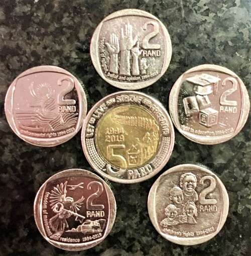 COMPLETE SET OF COMMEMORATIVE 25 YRS OF CONSTITUTIONAL DEMOCRACY R5 and R2 COINS 2019(1 BID TAKES AL