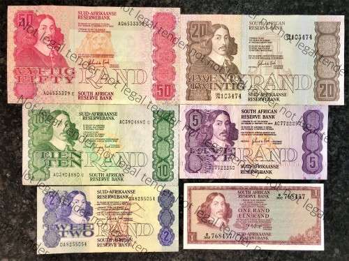 COMPLETE SET OF GPC DE KOCK & DECIMALS  R50 TO R2,,,1980s (R1 TW DE JONGH 1975)- (1 BID TAKES ALL)