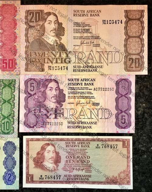 COMPLETE SET OF GPC DE KOCK & DECIMALS  R50 TO R2,,,1980s (R1 TW DE JONGH 1975)- (1 BID TAKES ALL)