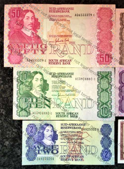 COMPLETE SET OF GPC DE KOCK & DECIMALS  R50 TO R2,,,1980s (R1 TW DE JONGH 1975)- (1 BID TAKES ALL)