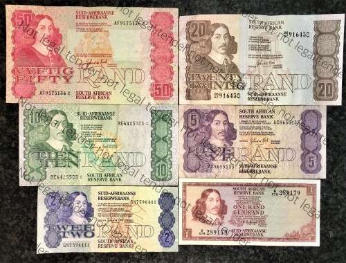 COMPLETE SET OF GPC DE KOCK and DECIMALS  R50 TO R2,,,1980s (R1 TW DE JONGH 1975)- (1 BID TAKES ALL)