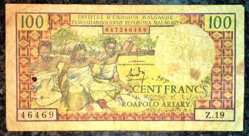 MADAGASCAR 100 CENT FRANCS - 20 AVIARY 1966