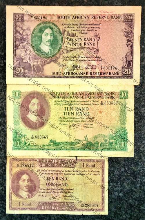 SET OF VARIOUS GOVERNORS & DECIMALS R20 MH DE KOCK, R10 & R1 G.RISSIK---1961-1962 ( 1 BID TAKES ALL)