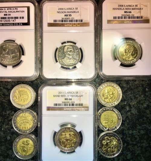 COMPLETE SET OF COMMEMORATIVE R5 COINS 1994 TO 2021 FOUR GRADED COINS & HIGH GRADE CIRCULATED COINS