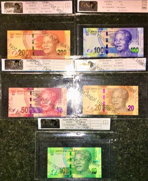 L KGANYAGO FULL SET R200 TO R10 GRADED 68-66 GEM UNC 2ND ISSUE 2018( MANDELA WTM)