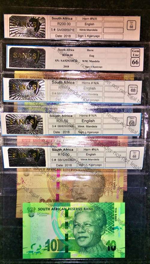 L KGANYAGO FULL SET R200 TO R10 GRADED 68-66 GEM UNC 2ND ISSUE 2018( MANDELA WTM)