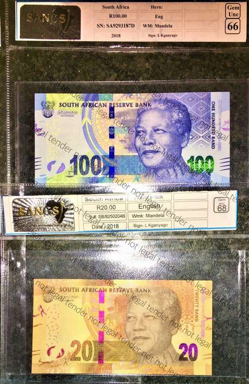 L KGANYAGO FULL SET R200 TO R10 GRADED 68-66 GEM UNC 2ND ISSUE 2018( MANDELA WTM)