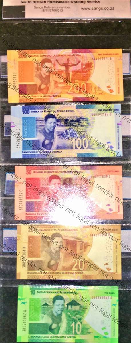 L KGANYAGO FULL SET R200 TO R10 GRADED 68-66 GEM UNC 2ND ISSUE 2018( MANDELA WTM)