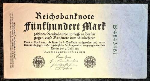 GERMANY 500 MARK 1922 BERLIN 500 MARK WTM