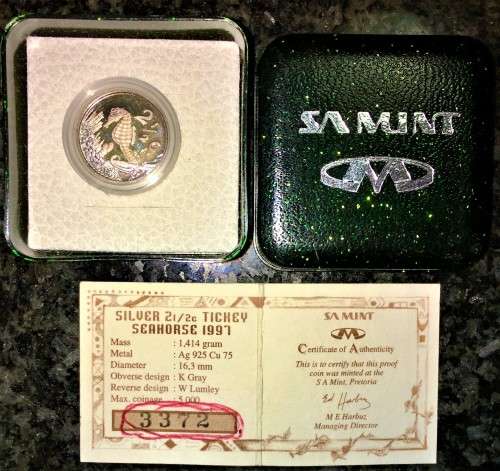 SOUTH AFRICA PROOF SILVER 2 1/2c TICKEY MINTAGE 3372  ABOVE OFFICIAL MINTAGE OF 2627 SEAHORSE--1997-