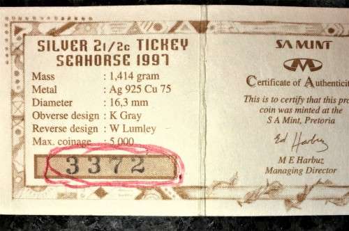 SOUTH AFRICA PROOF SILVER 2 1/2c TICKEY MINTAGE 3372  ABOVE OFFICIAL MINTAGE OF 2627 SEAHORSE--1997-
