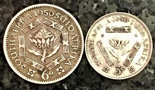 S A UNION SILVER SET 3D TICKEY & 6D SIXPENCE 1950 - 80%SILVER(1 BID TAKES ALL)