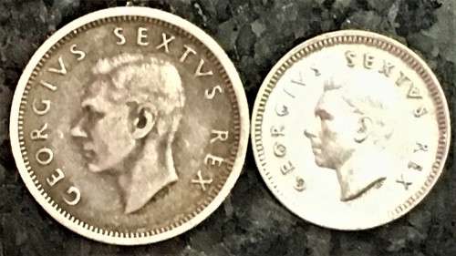 S A UNION SILVER SET 3D TICKEY & 6D SIXPENCE 1950 - 80%SILVER(1 BID TAKES ALL)