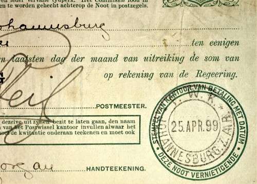 Z.A.R ORANJE VRIJ STAAT POST NOOT WTM 1 SHILLINGS STAMPED SENEKAL 1898 & JOHANNESBURG 1899--PRETORIA