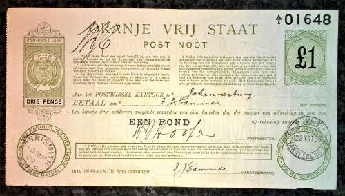 Z.A.R ORANJE VRIJ STAAT POST NOOT WTM 1 POUND STAMP HARRISMITH 1898 & JHB 1899--BACK JHB