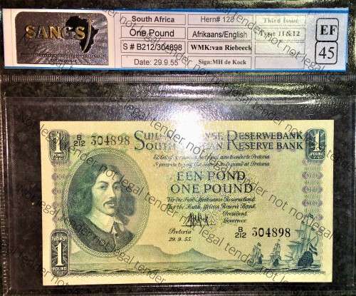 MH DE KOCK 1 POUND GRADED 45 EF 3RD ISSUE 1955 (VAN RIEBEECK WTM) TYPE 11&12 SANGS