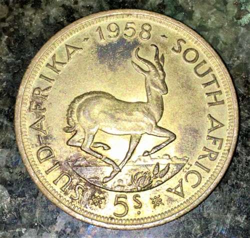 S A UNION SILVER 5 SHILLINGS 1958 NICE GOLD TONING SILVER CROWN
