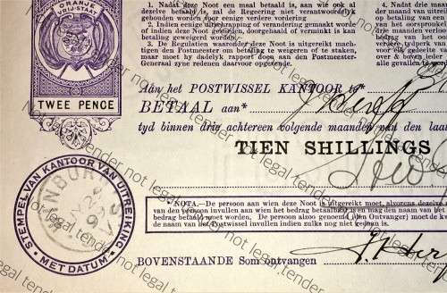 ORANJE VRIJ STAAT POST NOOT WTM 10 SHILLINGS STAMPED WINBURG & WISSELKANTOOR  1898/99