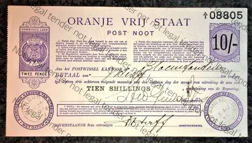 ORANJE VRIJ STAAT POST NOOT WTM 10 SHILLINGS STAMPED WINBURG & WISSELKANTOOR  1898/99