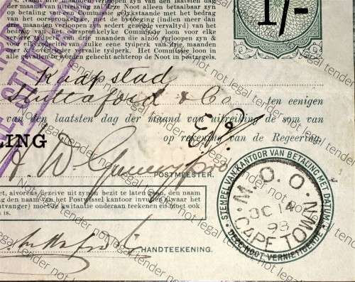 ORANJE VRIJ STAAT POST NOOT WTM 1 SHILLING STAMPED STANDARDBANK THORNE STUTTAFORD &CO-CAPE TOWN 1898