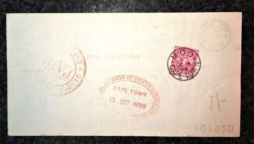 ORANJE VRIJ STAAT POST NOOT WTM 1 SHILLING STAMPED STANDARDBANK THORNE STUTTAFORD &CO-CAPE TOWN 1898