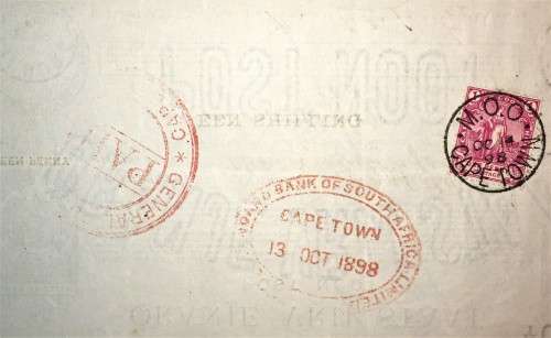 ORANJE VRIJ STAAT POST NOOT WTM 1 SHILLING STAMPED STANDARDBANK THORNE STUTTAFORD &CO-CAPE TOWN 1898