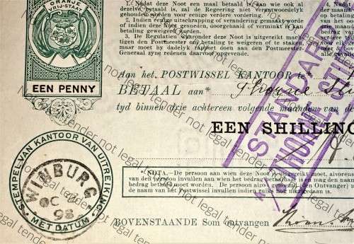 ORANJE VRIJ STAAT POST NOOT WTM 1 SHILLING STAMPED STANDARDBANK THORNE STUTTAFORD &CO-CAPE TOWN 1898