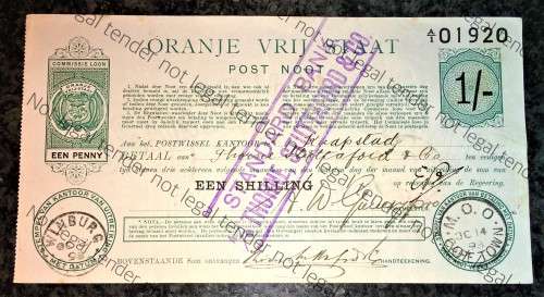ORANJE VRIJ STAAT POST NOOT WTM 1 SHILLING STAMPED STANDARDBANK THORNE STUTTAFORD &CO-CAPE TOWN 1898
