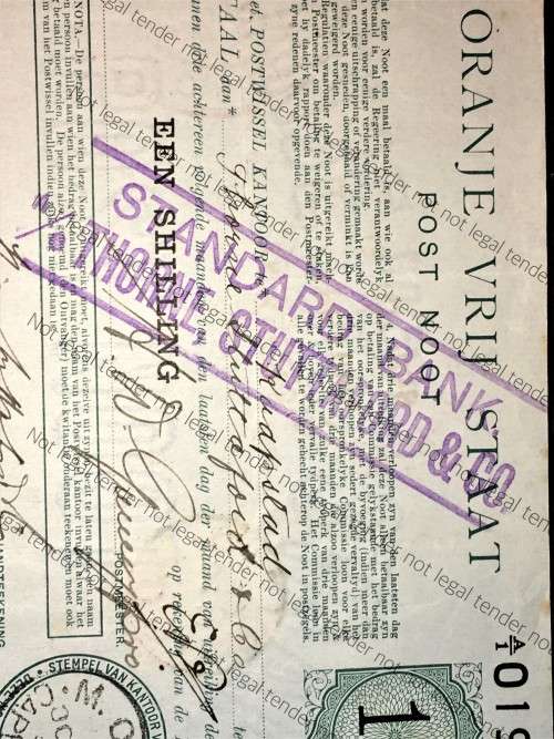 ORANJE VRIJ STAAT POST NOOT WTM 1 SHILLING STAMPED STANDARDBANK THORNE STUTTAFORD &CO-CAPE TOWN 1898