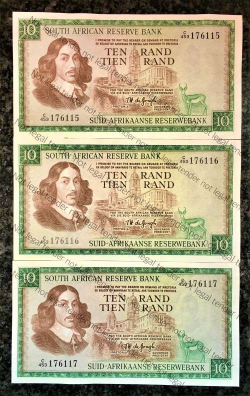 TW DE JONGH R10 IN SEQUENCE C453/176115-117 UNC 3RD ISSUE 1975 E/A VAN RIEBEECK WTM(BID PER NOTE))