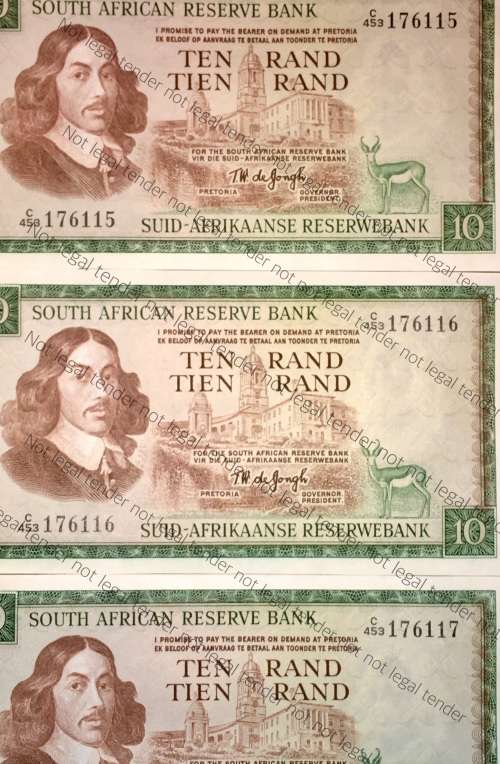 TW DE JONGH R10 IN SEQUENCE C453/176115-117 UNC 3RD ISSUE 1975 E/A VAN RIEBEECK WTM(BID PER NOTE))