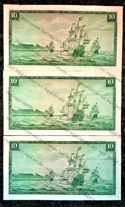 TW DE JONGH R10 IN SEQUENCE C453/176115-117 UNC 3RD ISSUE 1975 E/A VAN RIEBEECK WTM(BID PER NOTE))