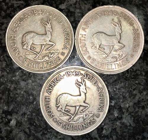 S A UNION SILVER SET  5 SHILLINGS 1947, 1948 & 1949 - 80% SILVER CROWNS(1 BID TAKES ALL)