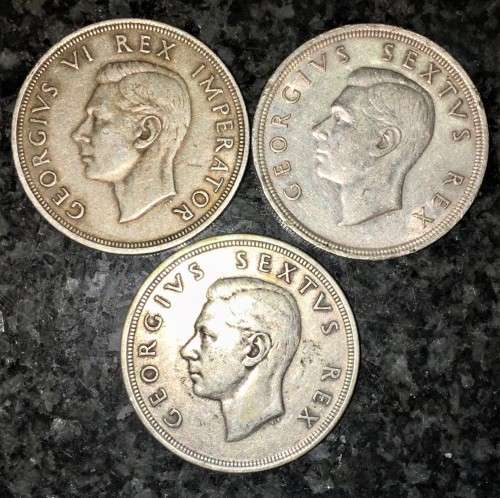 S A UNION SILVER SET  5 SHILLINGS 1947, 1948 & 1949 - 80% SILVER CROWNS(1 BID TAKES ALL)