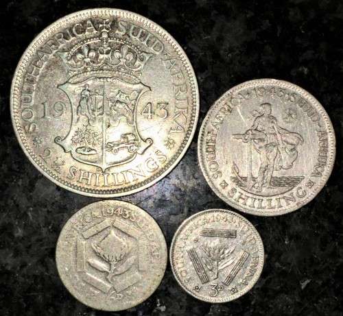 S A UNION SILVER SET 2 1/2 SHILLING,1 SHILLIN,6D SIXPENCE &3D TICKEY 1943 --80%SILVER(1 BID TAKES AL