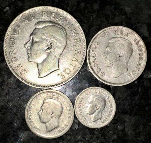 S A UNION SILVER SET 2 1/2 SHILLING,1 SHILLIN,6D SIXPENCE &3D TICKEY 1943 --80%SILVER(1 BID TAKES AL