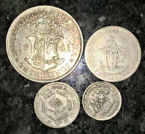 S A UNION SILVER SET 2 1/2 SHILLING,1 SHILLIN,6D SIXPENCE &3D TICKEY 1941 --80%SILVER(1 BID TAKES AL