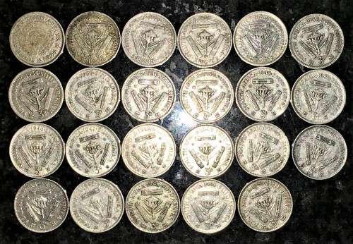S A UNION SILVER SET THREEPENCE 1924,27,29,30 -1932 TO 1946,47,48,50 --80%SILVER