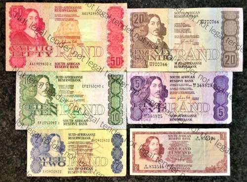 COMPLETE SET OF GPC DE KOCK & DECIMALS  R50 TO R2,,,1980s (R1 TW DE JONGH 1973)- (1 BID TAKES ALL)
