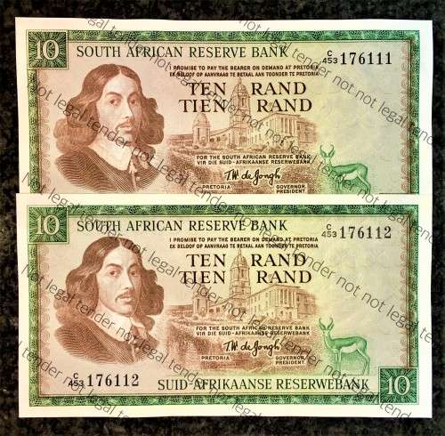TW DE JONGH R10 IN SEQUENCE C453/176111-112 UNC 3RD ISSUE 1975 E/A VAN RIEBEECK WTM(1 BID TAKES ALL
