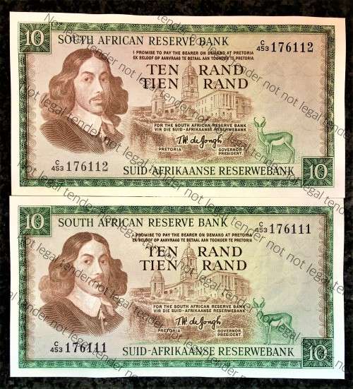 TW DE JONGH R10 IN SEQUENCE C453/176111-112 UNC 3RD ISSUE 1975 E/A VAN RIEBEECK WTM(1 BID TAKES ALL