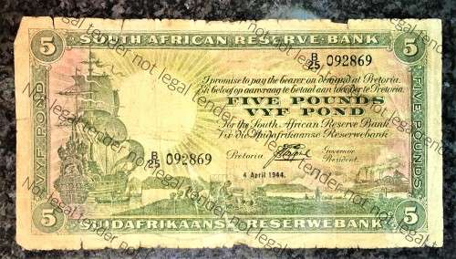 J.POSTMUS 5 POUND 1944 B25 E/A VAN RIEBEECK WTM FIRST ISSUE