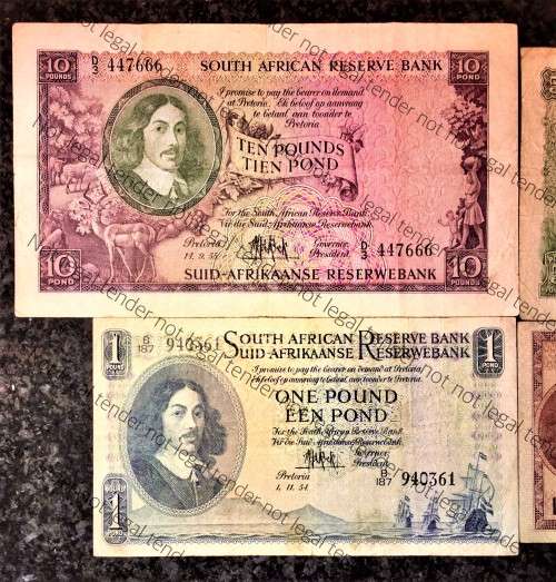 MH DE KOCK SET 10 POUND 1955, 5 POUND 1955 ,1 POUND 1954 E/A & 10 SHILLINGS 1958(1 BID TAKES ALL)