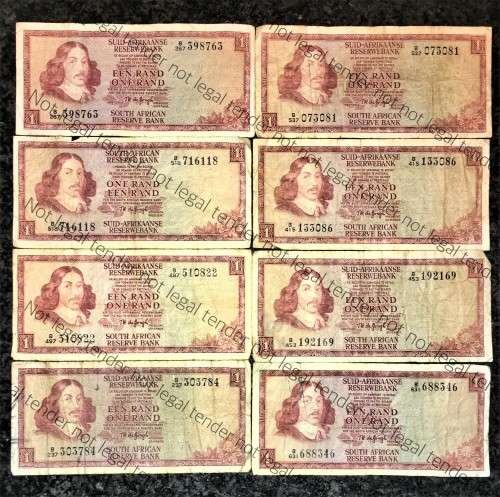 TW DE JONGH SET OF R1 X 8 - B SERIES 1973 -- 2ND & 3RD ISSUE VAN RIEBEECK WTM(1 BID TAKE ALL)